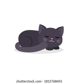 Black cute cat sleeping curled up in a ball in cartoon style. Vector illustration, isolated on white background.