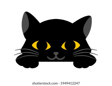 Black cute cat is smiling on white background. Lovely cat with big yellow eyes. Concept of cute domestic animals giving positive vibes. Flat cartoon vector illustration