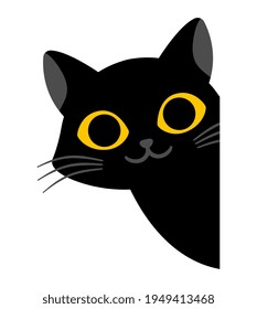 Black cute cat is smiling on white background. Lovely cat with big yellow eyes. Concept of cute domestic animals giving positive vibes. Flat cartoon vector illustration