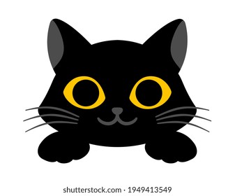 Black cute cat is smiling on white background. Lovely cat with big yellow eyes. Concept of cute domestic animals giving positive vibes. Flat cartoon vector illustration