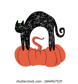 A black cute cat stands arched its back on a large orange pumpkin. Hand drawn cartoon kitten with green eyes. Vector stock illustration isolated on white background.