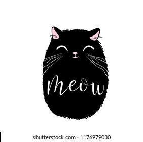 Black cute cat vector print design. Meow lettering text. Kitten face vector background. Funny and cool smiling cartoon character. Love baby illustration.