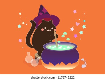 black cute cat witch with magic cauldron witchcraft illustration vector