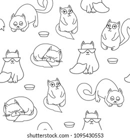 Black cute cats on isolated white background. Seamless pattern. Vector illustration