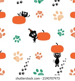 Gatos y calabazas lindos negros Feliz diseño de la tarjeta Halloween y la tela sin fisuras