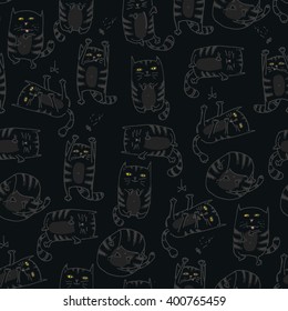 Black cute cats seamless background in various poses, hand drawn, painted. Vector illustration