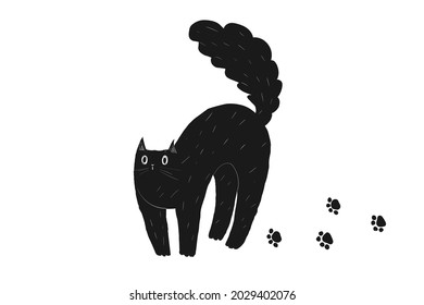 El lindo doodle negro gato de Halloween arca su espalda. Un gato asustado con ojos grandes y una cola esponjosa. El animal gordo kawaii al estilo dibujado a mano. Ilustración vectorial en un fondo blanco.