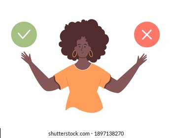 Black cute girl character. Choice of two options. Concept for do and don't, yes and no, like and dislike, pro and contra. Agree or reject. Vector flat illustration.