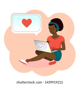 Black cute girl sitting with laptop. Application or website for online Dating. Instant messaging, chat. The icon of the heart. View profile. Partner search. Cartoon vector illustration. Coral color.
