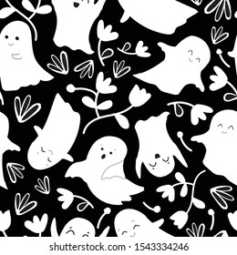 Black with cute halloween white ghosts and their flowers seamless pattern background design.