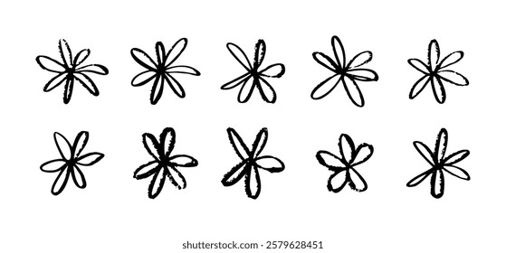 Black Cute hand drawn pencil doodle flower set. Round petals simple naive style for kids. Clip art for spring girl design. Vector illustration