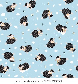 Black cute jumping lambs, butterflies and clouds seamless pattern, nursery background with animals, Vector