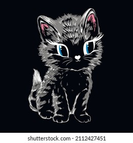 Black cute kitten on black background. Illustration drawn with vector brushes.