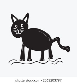 Black cute silhouette and isolated kids hand drawn cat walking icon on white background