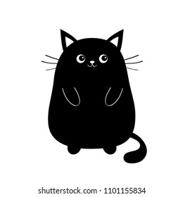 Black cute sitting cat baby kitten silhouette. Kawaii animal. Cartoon kitty character. Funny face with eyes, mustaches, nose, ears. Love Greeting card. Flat design. White background Isolated. Vector