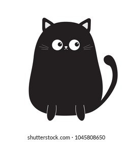 Black cute sitting cat kitten looking on tail. Cartoon kitty character. Kawaii animal. Funny face with eyes, mustaches, nose, ears. Love Greeting card. Flat design. White background Isolated. Vector