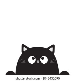 Black cute sitting cat kitten face head looking up. Paw print. Cartoon kitty funny character. Kawaii animal. Halloween Greeting card template. Flat design White background Isolated Vector illustration
