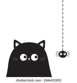 Black cute sitting cat kitten face head looking on hanging spider. Cartoon kitty funny character. Kawaii animal. Halloween Greeting card. Flat design. White background Isolated. Vector illustration