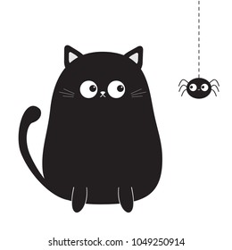 Black cute sitting cat kitten looking on hanging spider. Cartoon kitty character. Kawaii animal. Funny face with eyes, mustaches. Love Greeting card. Flat design. White background Isolated. Vector