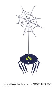 Black cute spider hangs on the web. Vector element isolated on white background.