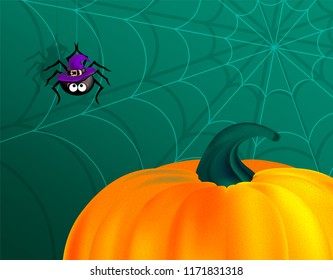 Black cute spider on cobweb wearing purple witch hat and orange pumpkin on dark green background. Happy Halloween background