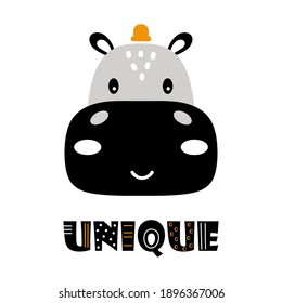 black cute vector hippopotamus face with text unique isolatedon white background, cartoon flat illustration, scandinavian style