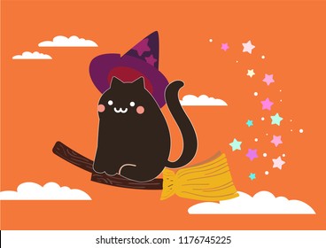 black cute witch cat on the broom in the sky illustration vector background