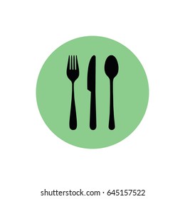 Black cutlery set vector icon. Green button. Green circle