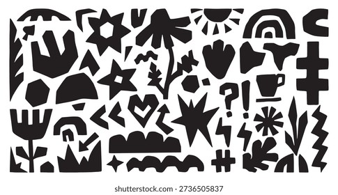Black cutout elements. Cut out shapes, abstract stars, flowers, sun, heart. Natural figures, scandinavian style design, decorative art prints, neoteric vector clipart