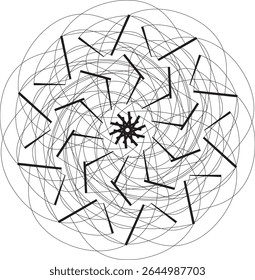 trabalho artístico em papel recortado preto apresentando um gradiente de padrões circulares laranja formando uma forma elíptica em um plano de fundo escuro