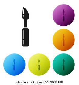 Black Cutter tool icon isolated on white background. Sewing knife with blade. Set icons colorful circle buttons. Vector Illustration