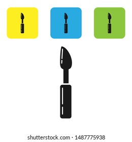Black Cutter tool icon isolated on white background. Sewing knife with blade. Set icons colorful square buttons. Vector Illustration