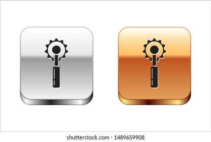 Black Cutter tool icon isolated on white background. Sewing knife with blade. Silver-gold square button. Vector Illustration