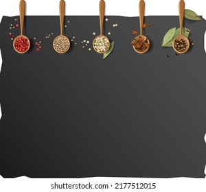 Tablero negro con una textura de piedra realzada sobre un fondo blanco con una composición de cucharas de madera con pimientos coloridos, semillas de cilantro y hojas de laurel.