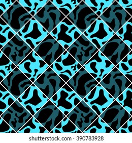Black and cyan vector seamless chess styled vintage cow texture. Vector illustration