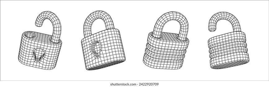 Black cyber lock icons. Padlocks 3d mesh grid. Vector illustration design elements set on white background.