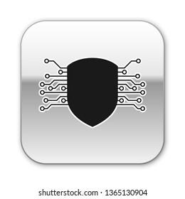 Black Cyber security icon isolated on white background. Shield sign. Safety concept. Digital data protection. Silver square button. Vector Illustration