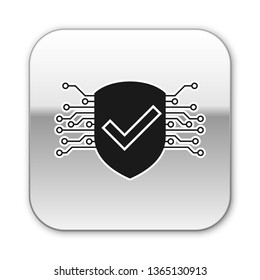 Black Cyber security icon isolated on white background. Shield with check mark sign. Safety concept. Digital data protection. Silver square button. Vector Illustration