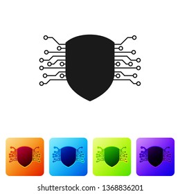 Black Cyber security icon isolated on white background. Shield sign. Safety concept. Digital data protection. Set icon in color square buttons. Vector Illustration
