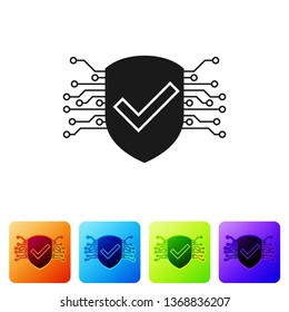 Black Cyber security icon isolated on white background. Shield with check mark sign. Safety concept. Digital data protection. Set icon in color square buttons. Vector Illustration
