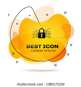 Black Cyber security icon isolated on white background. Closed padlock on digital circuit board. Safety concept. Digital data protection. Fluid color banner. Vector Illustration