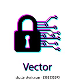 Black Cyber security icon isolated on white background. Closed padlock on digital circuit board. Safety concept. Digital data protection. Vector Illustration