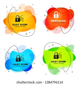 Black Cyber security icon isolated. Closed padlock on digital circuit board. Safety concept. Digital data protection. Set of liquid color abstract geometric shapes. Vector Illustration