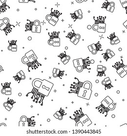 Black Cyber security icon isolated seamless pattern on white background. Closed padlock on digital circuit board. Safety concept. Digital data protection. Vector Illustration