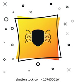 Black Cyber security icon isolated on white background. Shield sign. Safety concept. Digital data protection. Yellow square button. Vector Illustration