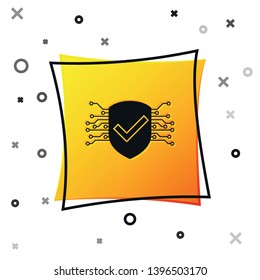 Black Cyber security icon isolated on white background. Shield with check mark sign. Safety concept. Digital data protection. Yellow square button. Vector Illustration