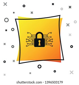 Black Cyber security icon isolated on white background. Closed padlock on digital circuit board. Safety concept. Digital data protection. Yellow square button. Vector Illustration