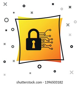 Black Cyber security icon isolated on white background. Closed padlock on digital circuit board. Safety concept. Digital data protection. Yellow square button. Vector Illustration