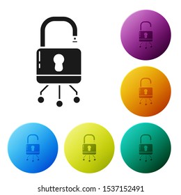 Black Cyber security icon isolated on white background. Closed padlock on digital circuit board. Safety concept. Digital data protection. Set icons colorful circle buttons. Vector Illustration