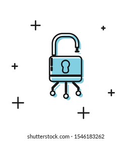 Black Cyber security icon isolated on white background. Closed padlock on digital circuit board. Safety concept. Digital data protection.  Vector Illustration